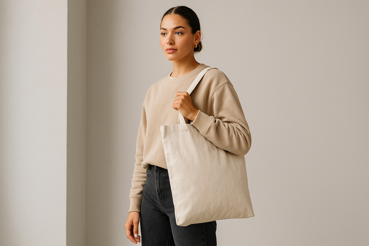 model holding cotton tote bag